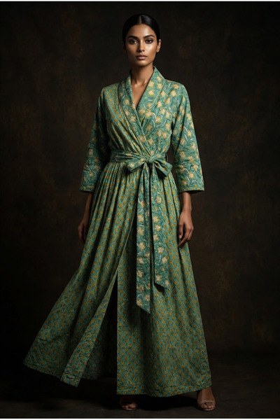 OEM Hand-printed cotton wrap dress