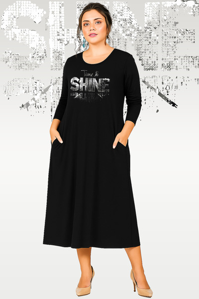 Curvy Trend Shine Printed Wide Cut Long Sleeve Viscose Dress