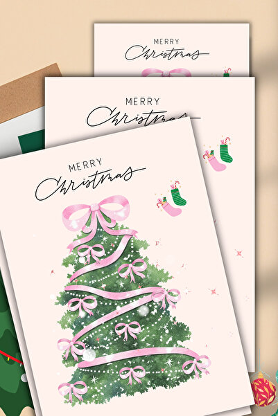 pnkycrco 7x10 cm Pembe Fiyonk Yılbaşı Ağacı Yeni Yıl Noel Tebrik Kartı Hediye...