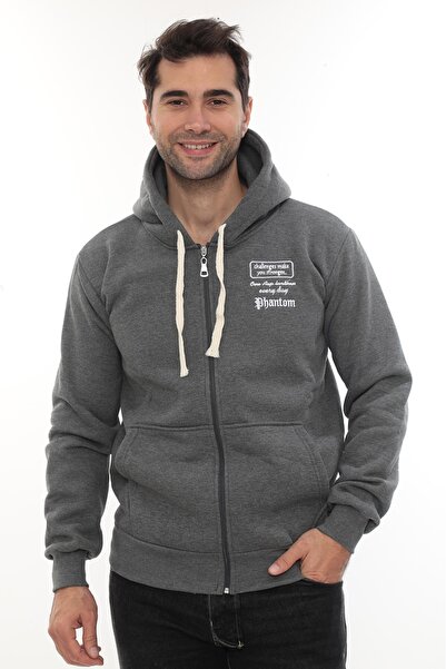 VAJESTO Hanorac pentru bărbați, gri închis, cu fleece interior, cu fermoar co...