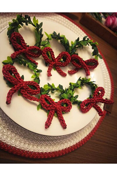 Patiska Tasarım Yılbaşı Temalı Telli Peçete Yüzüğü Makrome İp ve Yapay Yapraklı El Yapımı Peçetelik | 6 Adet