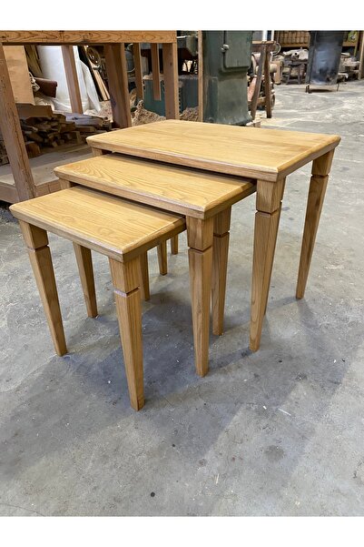 EMEL AHŞAP %100 Doğal Masif Kestane Ağaç Üst Kalite 3’lü Zigon Sehpa Takımı, ...