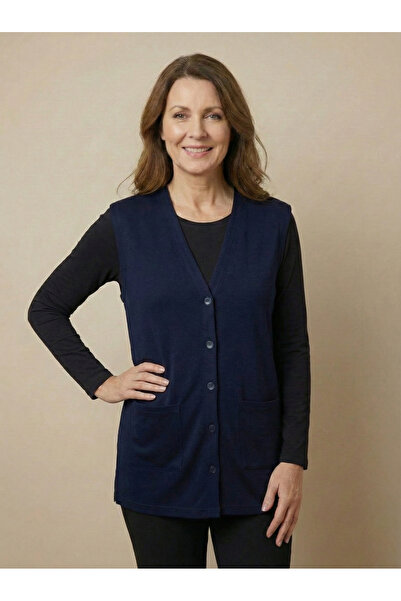 nacar çarşı Women's Mother Basic Navy Blue Combed Cotton Vest with Buttons an...