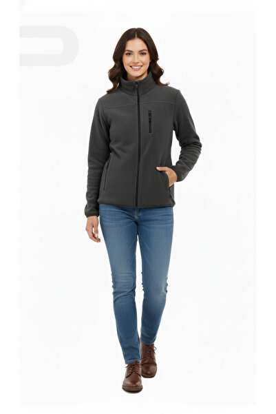 Kadın Unisex Gri Tam Fermuarlı 280 gr 3 Cepli Polar Outdoor Ceket