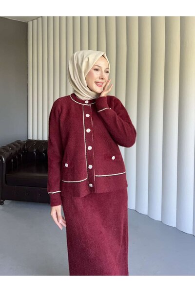 PİNK FLY Angora Fabric Crew Neck Buttoned Skirt Suit