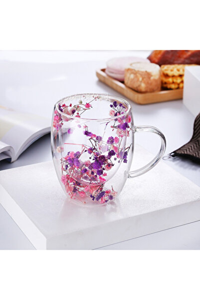 OEM Dried flower mug, double wall, borosilicate glass, thermal insulation, 250 ml, Pink with purple
