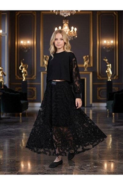 Zekids Fusta lungă cu design scurt căptușit din dantelă pentru fete