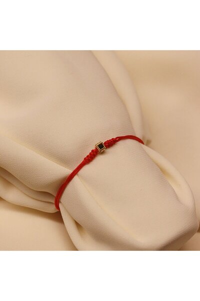 TAHAN MÜCEVHERAT Siyah Kare Taşlı Kırmızı İpli Bileklik