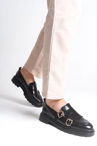 sermoda Loafer Kadın Ayakkabı - Makosen Tokalı Casual Günlük Kadın Ayakkabı Siyah Rugan