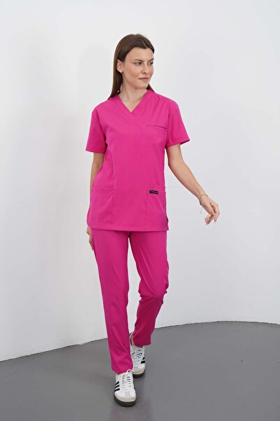 VİZYON UNIFORM Premium Likralı Şok Pembe Hemşire Forması Cerrahi Takım, scrub...