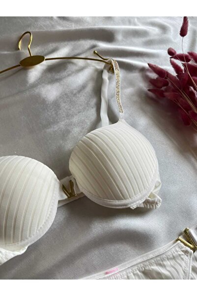 NİVENE Εκρού Γυναικείο Σετ Σουτιέν και Εσώρουχο με Λεπτομέρεια V, Μισο-υποστη...