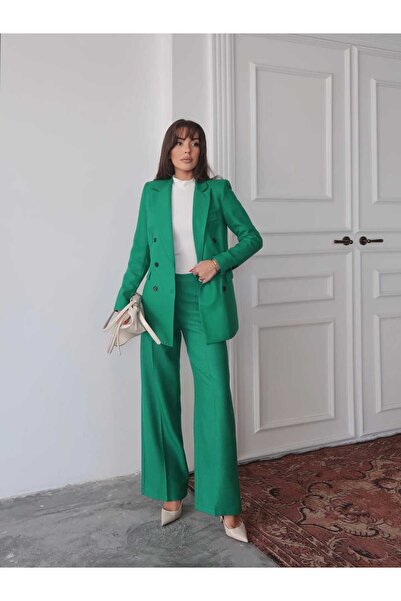 Swass Wool Effect Blazer Jacket and Palazzo Pants Sets Green