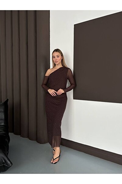 cemo Tek Omuz Detaylı Işıltılı Drapeli Midi Elbise