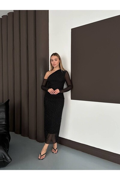 cemo Tek Omuz Detaylı Işıltılı Drapeli Midi Elbise