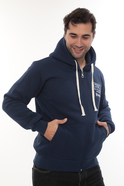 VAJESTO Men's Navy Blue Full Zippered K Hooded Cotton Sweatshirt with Fleece Inside