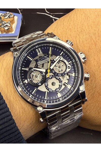 Slazenger Men's Wristwatch – Steel Case – Silver Steel Band – Blue Dial – Chr...