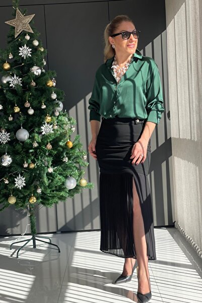 MİSLİNA BUTİK Piliseli Yurtmaç Detay Siyah Etek