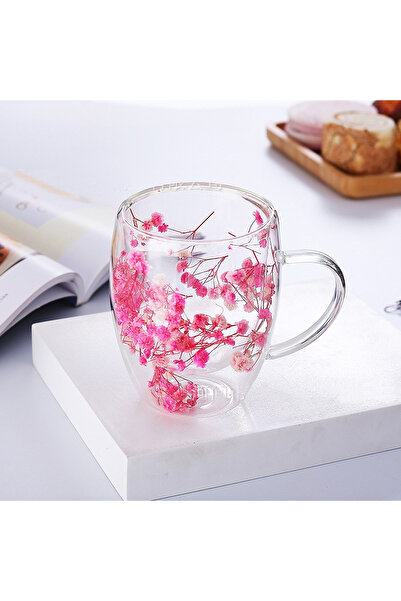 OEM Mug with dried flowers, double wall, borosilicate glass, thermal insulation, 250 ml, Pink