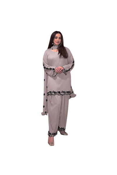 MYSMAR Grey Faux Georgette Kameez Salwar & Dupatta Set - HRT5188 | Grey