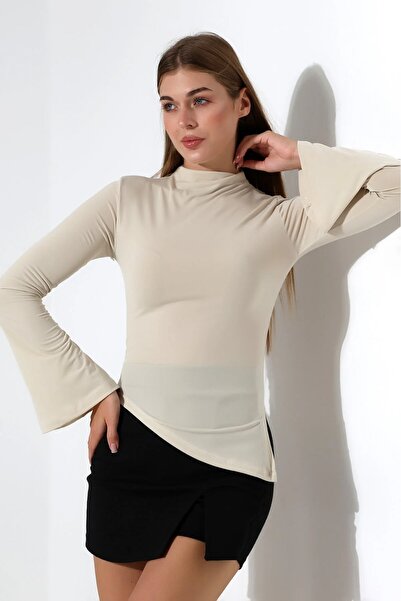 modapark.ist Women's Asymmetrical Cut Drawstring Spanish Sleeve Stretchy Fabric Blouse