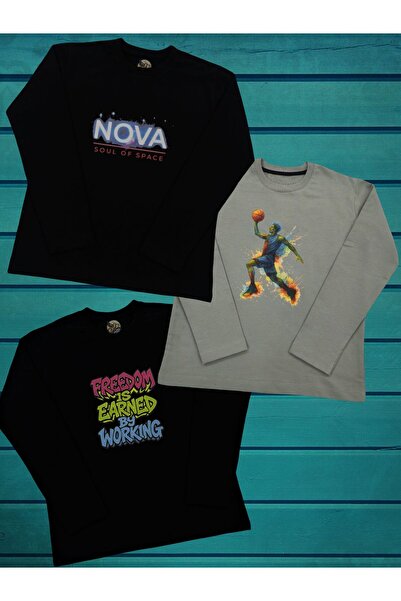 Pidal Giyim Üçlü Avantajlı Paket Renkli Baskılı Pamuklu uzun Kullu Erkek Çocu...