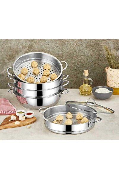 OMS وعاء الزلابية الأوزبكية من الفولاذ المقاوم للصدأ مقاس 26×10 سم مع غطاء زجاجي، مناسب للطهي بالبخار وموافق للاستخدام مع أجهزة الطهي بالحث