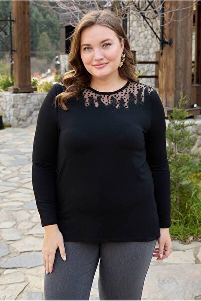 FOR ESRA BIG TREND Women's Plus Size Polka Dot Tulle Detailed Rhinestone Flame Collar Long Sleeve Side Slit Stretchy Viscose Blouse