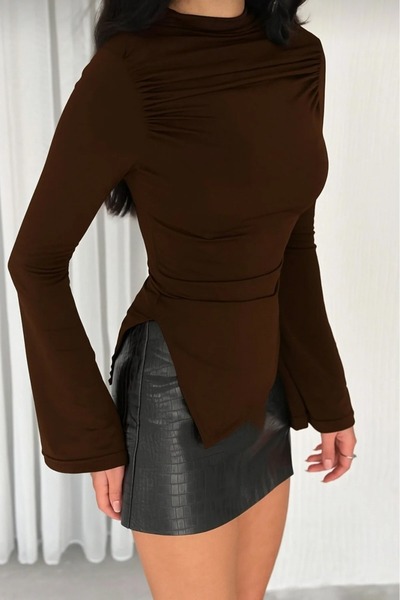 modapark.ist بلوزة نسائية بقصة غير متماثلة وأكمام إسبانية مطاطية من القماش المرن