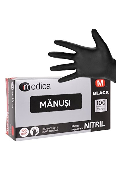 OEM Set de 100 de mănuși de nitril, negre, fără pudră, de unică folosință, mă...