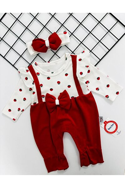 cacobutik Baby Girl Long Sleeve Strawberry Printed Bandana Romper