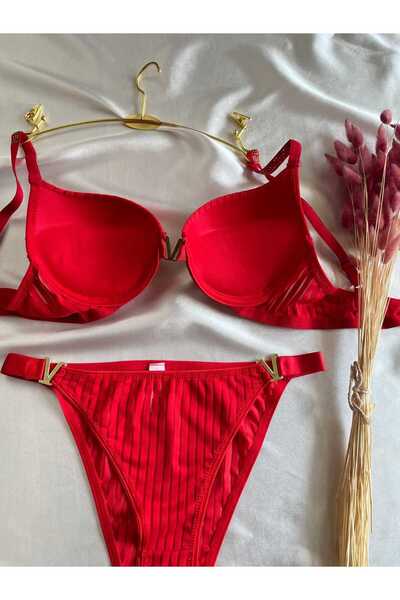 MODELLİFE Red Women's Semi-Supported V Detailed Stylish Bra and Panty Set