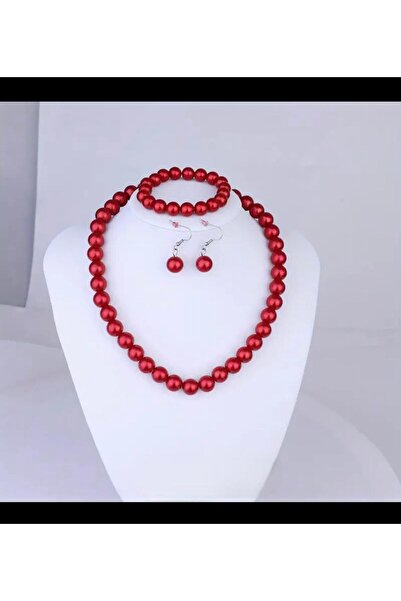 Arescollection 1.kalite parlak kırmızı 8 mm kadın yeniyıl inci kolye küpe bil...