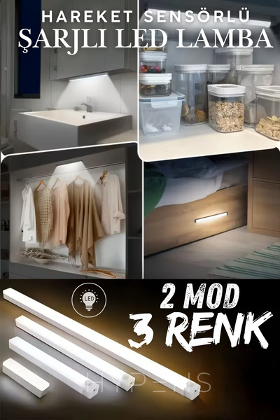 HYPENS 2 ADET 30-CM Hareket Sensörlü 3 Renk Ayarlı 2 Modlu Taşınabilir Şarjlı Dolap & Mutfak LED Aydınlatma