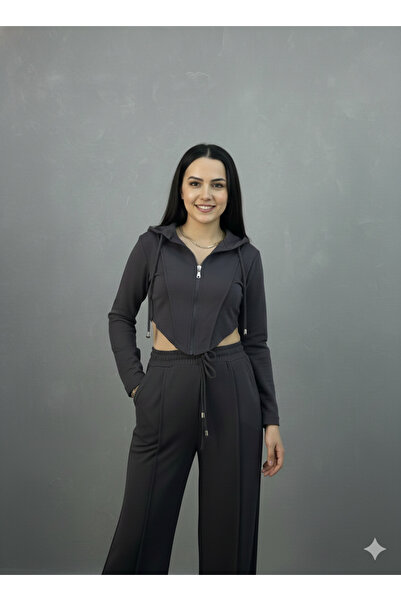 mooishan Modal Hooded Crop Model Stretch Fabric 2-Piece Tracksuit Set New Sea...