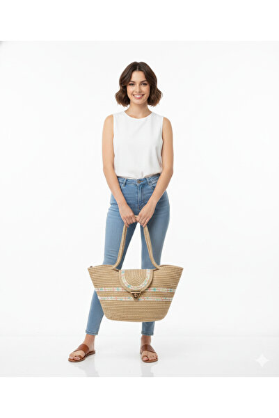 KÖŞE BAŞINDAKİ ÇANTACI Büyük Boy Bicolor Yazlık Hasır/Örgü Omuz Çantası