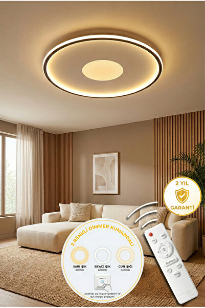 PARBEK Pablo Çember2 Plafonyer Led Avize Çap 40 cm 3 Renk Dimmer Kumandalı, Sıva Üstü Led, Siyah Renk