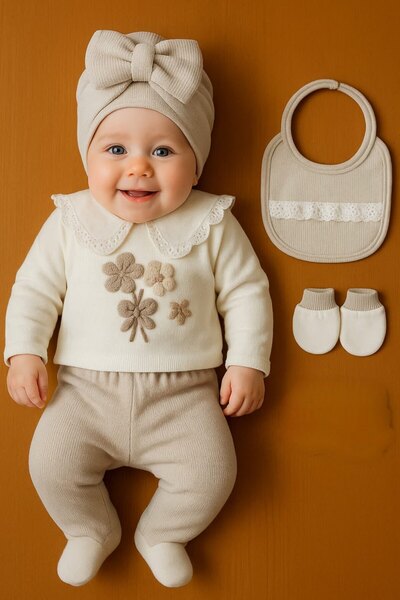 MİLAYS LİFE HOME COLLECTİON ميني كايزن بيبي جيرل إصدار المستشفى ديزي مطرز بتفاصيل صدفية لحديثي الولادة 5 قطع