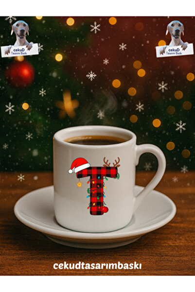 cekud tasarım baskı Yılbaşı Temalı Harfli Türk Kahvesi Fincanı Seramik Hediye...