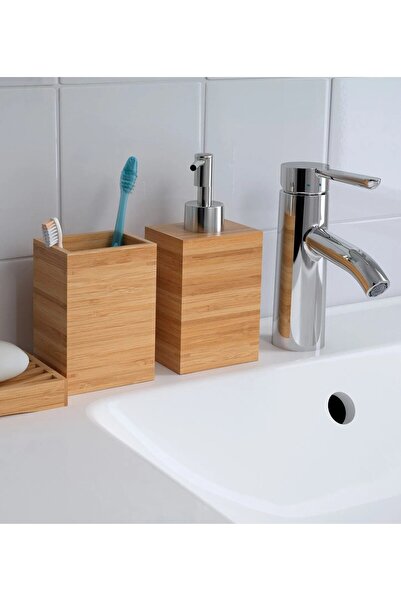 IKEA QUİCK 2 Parça Banyo Seti Bambu Fırçalık + Pompalı Sıvı Sabunluk 350 ml A...