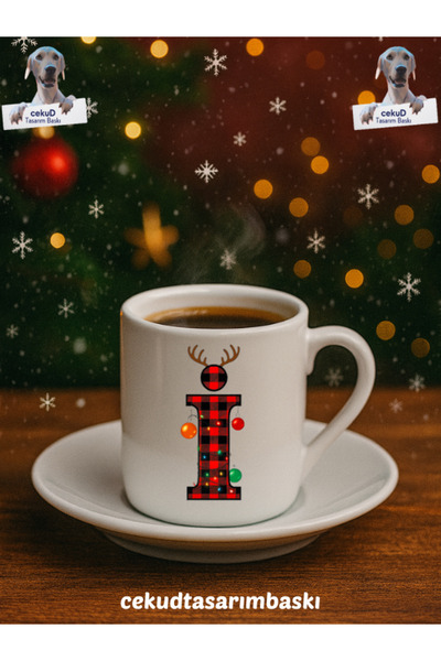 cekud tasarım baskı Yılbaşı Temalı Harfli Türk Kahvesi Fincanı Seramik Hediye...
