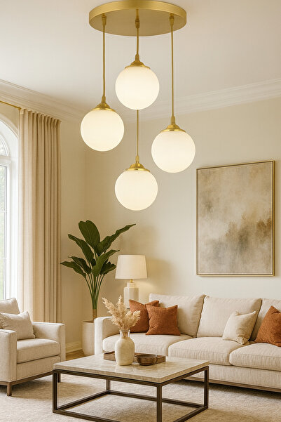 burenze Modern Camlı Avize Beyaz Mat Glop Camlı Sarkıt Dörtlü Salon Avizesi Eskitme Gold