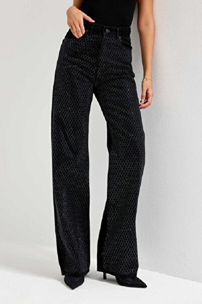 it's basic itsbasic Kadın Siyah Renk Lora Parlak Baklava Taşlı Loose Fit Tasarım Denim