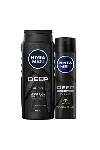 Nivea Men Pachet Deep: Gel de duș 500 ml + Deodorant spray Dry & Clean 150 ml