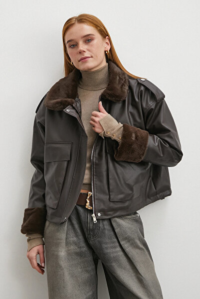 Never more Кожено яке с кожени детайли и джобове, кафяво