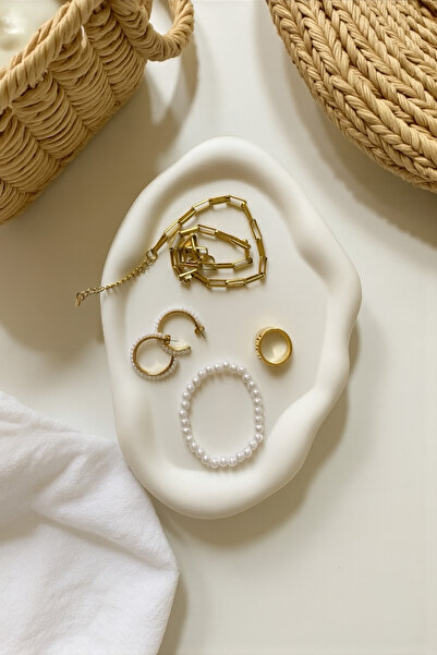 Minic Store طبق تقديم بيضاوي من الخرسانة البيضاء - صحن مجوهرات مصنوع يدويًا وحامل شموع مطلي بالورنيش