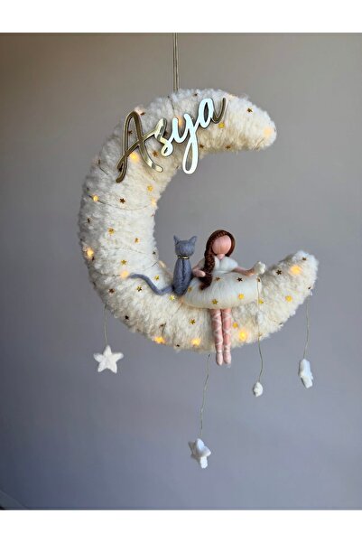 Tasarım Ay bebek kapı süsü, keçe peri bebek, kedili bebek kapı süsü