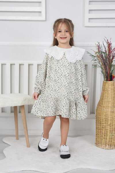 CANAN ÇAKMAK Kız Çocuk Yakası Dantel Detaylı Kendinden Desenli Elbise