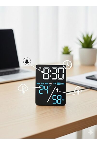 Duru Dijital Led Dijital Masa Saati- Termometre, Higrometreli(Nem Ölçer) Tari...