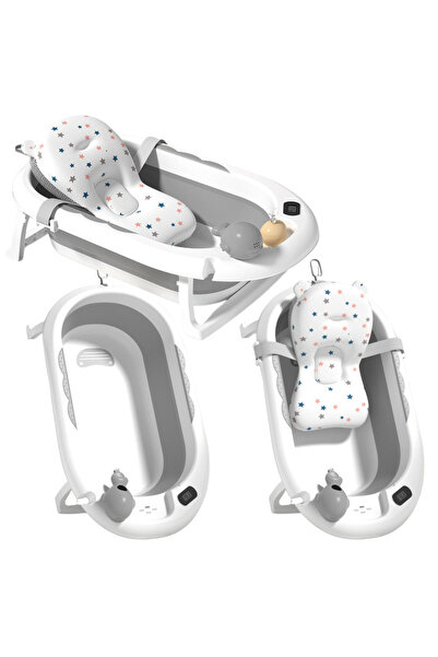 LEAN Πτυσσόμενη μπανιέρα μωρού με θερμόμετρο και στρώμα με αστέρια, γκρι
