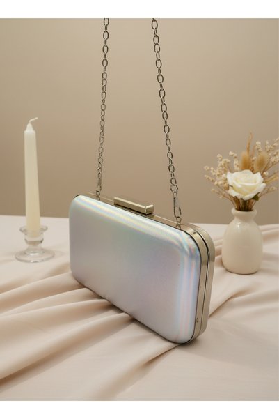 MidStore Silver Janjan Yanar Rotating Rainbow Chain Pearl Metal Handle Detailed Women's Evening Bag